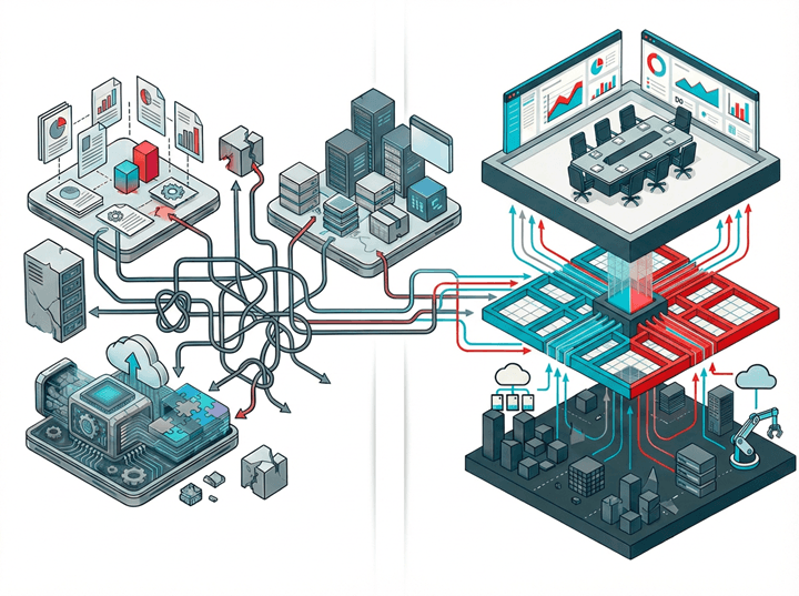 Illustration contrasting fragmented enterprise information with a connected strategic view